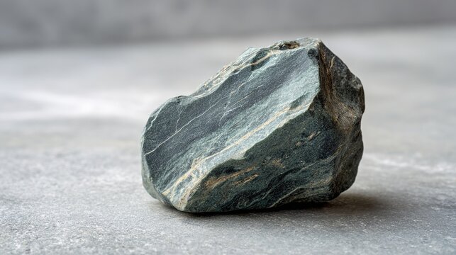 unreality. A smooth gray-green soapstone rock with wavy textures on a blurred background. gardening catalogs, home-decor guides, designed for home decor and floral branding.