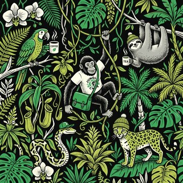 Jungle animals seamless pattern, tropical rainforest background with cute monkey, sloth, parrot and leopard, exotic botanical wallpaper
