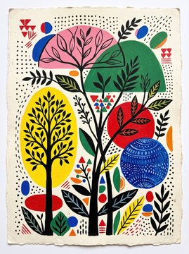 Scandinavian folk art print with botanical trees, abstract geometric nature illustration on textured paper, colorful mid-century modern wall art