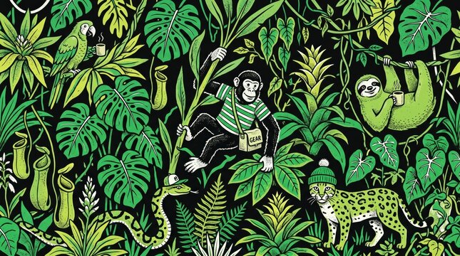 Tropical jungle seamless pattern with cute animals, exotic rainforest foliage background, green botanical wallpaper with monkey and sloth