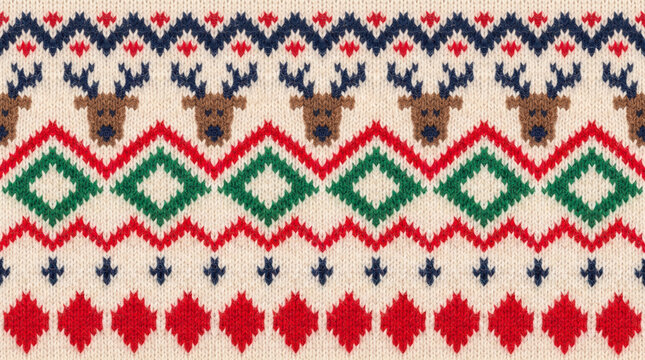 Seamless knitted reindeer pattern with diamond and zigzag motifs on cream background for festive apparel