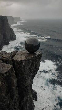 Solitary obsidian sphere: precarious balance, rocky cliff, stormy ocean, dramatic overlook, gloomy atmosphere, mystic orb, wild surf, misty horizon, coastal landscape, zen philosophy.