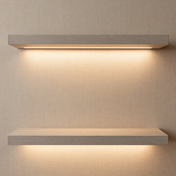 Empty wooden floating shelves with warm warm LED under-shelf lighting on beige textured wall background mockup for product display