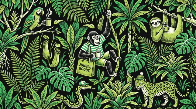 Tropical jungle pattern with animals drinking coffee. Exotic rainforest illustration with monkey, sloth, and leopard. Green botanical foliage background.