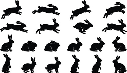 Fototapeta premium Run and jump rabbit black silhouettes collection is ideal for Easter and springtime designs project.
