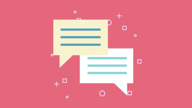 Two speech bubbles animation on pink background with geometric particles and dynamic motion graphics.