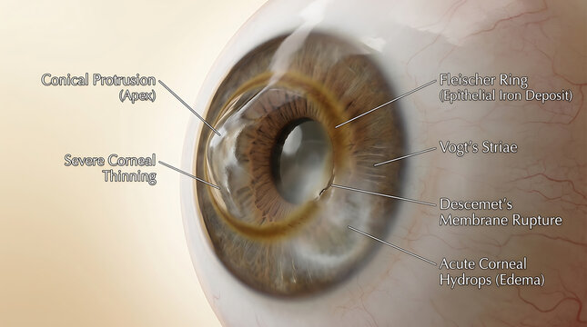 Advanced Keratoconus with Severe Corneal Thinning and Cone-Shaped Protrusion Causing Irregular Astigmatism of Human Ocular Anatomy Fleischer Ring Hydrops