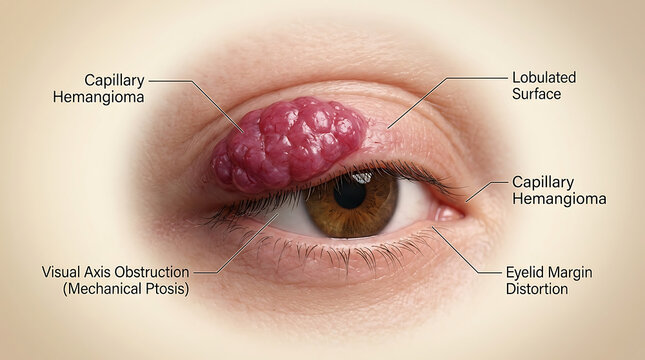 Capillary Hemangioma of Eyelid with Bright Red Vascular Lesion Causing Visual Obstruction of Human Eyelid Anatomy Lobulated Surface Compressible Mass