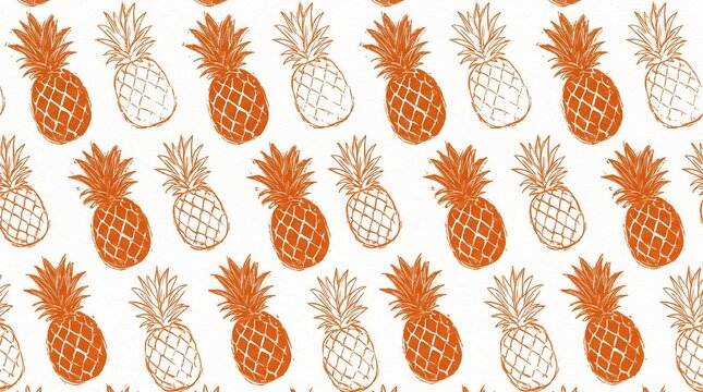 Minimalist pineapple pattern illustration, orange tropical fruit seamless background, hand drawn summer food texture for textile design