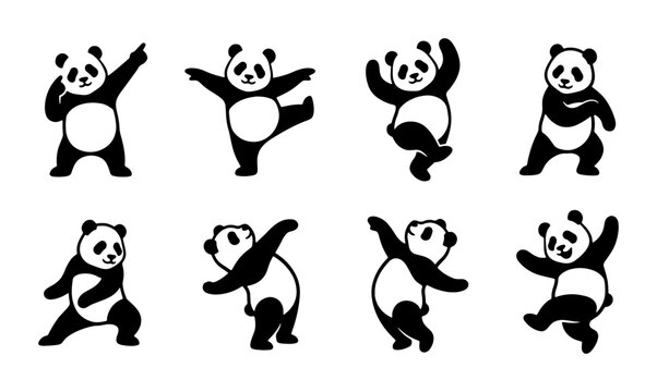 Playful Panda Vector Icons, Cute Cartoon Bear Poses, Black and White Animal Graphics, Set of 8 Dynamic Illustrations for Kids and Nature Themes