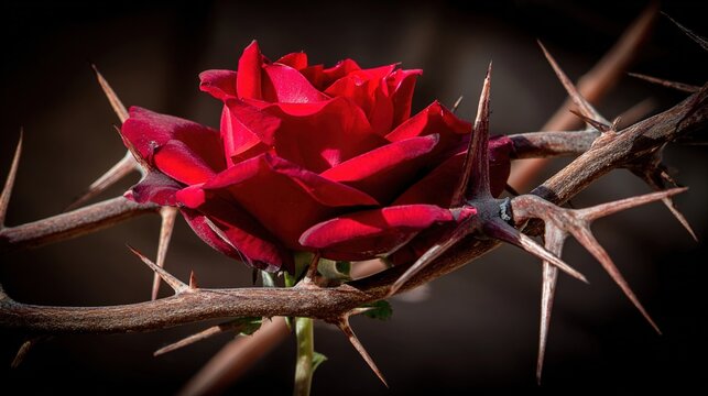 brambles. A beautiful rose with sharp thorns and crimson-edged petals among brambles. gardening catalogs, home-decor guides, designed for home decor and floral branding, used by marketing managers.