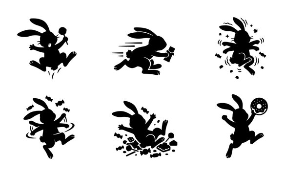 Playful Rabbit Silhouettes, 6 Dynamic Action Poses Vector Icons Set, Black and White Energetic Bunny Graphics for Easter and Spring Themes