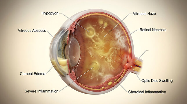 Endophthalmitis with Severe Intraocular Infection Causing Rapid Vision Loss of Human Ocular Anatomy Hypopyon Vitreous Abscess Retinal Necrosis Choroidal Abscess