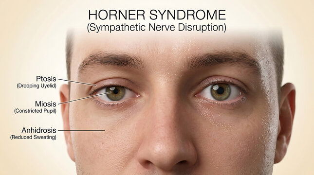 Horner Syndrome with Ptosis Miosis and Anhidrosis Caused by Sympathetic Nerve Disruption of Human Ocular Anatomy Eyelid Drooping Pupillary Constriction