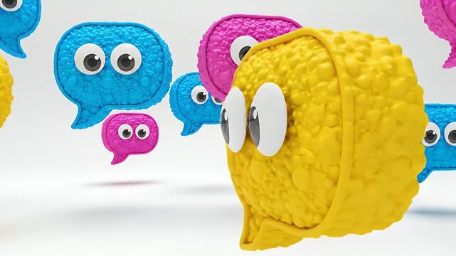 Three fuzzy cartoon speech bubble characters in blue, yellow, and pink with googly eyes