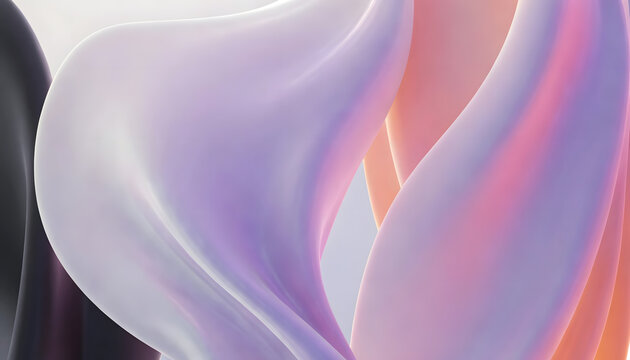 Abstract flowing fabric waves with soft purple and orange gradient. Elegant digital art backdrop. Smooth curved liquid forms twisting in studio lighting