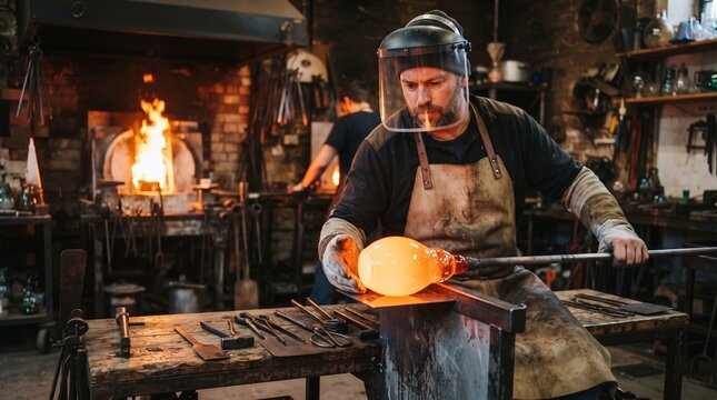 Skilled glassblower shapes molten glass with intense focus inside a traditional workshop using specialized hand tools