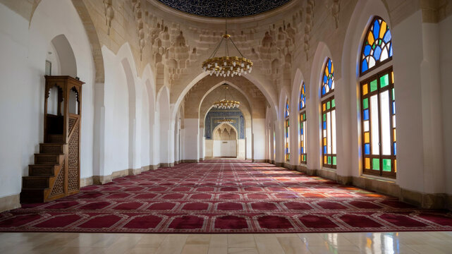 Interior of a Grand Mosque: An expansive prayer hall within a magnificent mosque, featuring ornate Islamic calligraphy, a red carpet with geometric patterns.