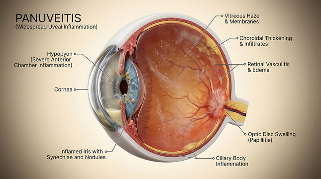 Panuveitis with Inflammation of All Uveal Structures Causing Severe Vision Loss of Human Ocular Anatomy Hypopyon Synechiae Choroidal Thickening Vitreous Haze