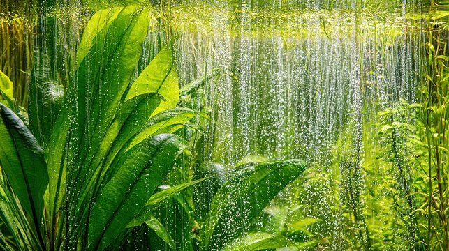 algae. Aquatic plants in a clear aquarium releasing streams of oxygen bubbles rising to the surface. gardening catalogs, home-decor guides, designed for gardening and botanical catalogs.