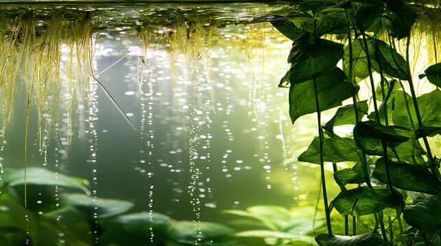 algae. Aquatic plants in a clear aquarium releasing streams of oxygen bubbles rising to the surface. gardening catalogs, home-decor guides, designed for gardening and botanical catalogs.