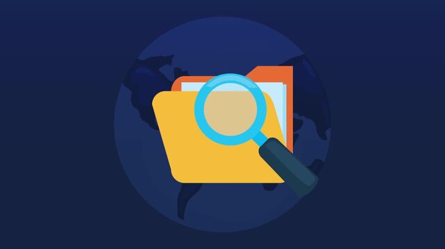 Animated folder icon with magnifying glass representing data search and organization on globe background motion graphic.