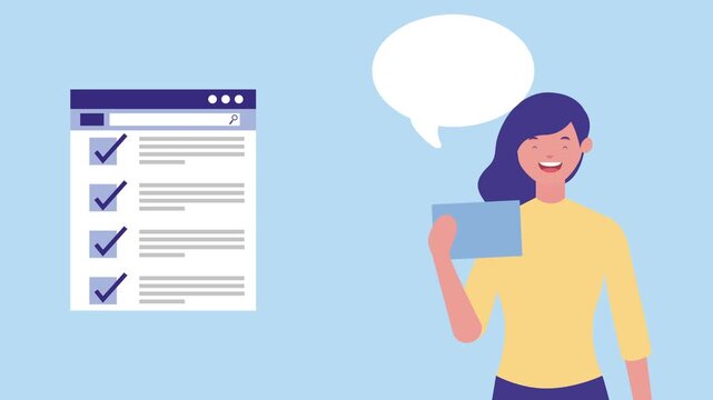 Motion graphics animation of woman using digital website interface with checklist for survey and data management.