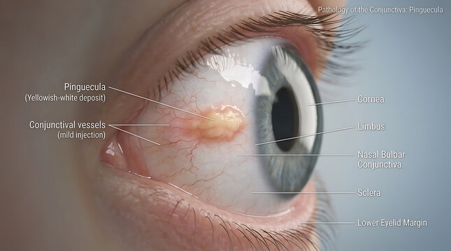 Pinguecula with Yellowish-White Conjunctival Deposit Causing Mild Ocular Irritation of Human Ocular Anatomy Elastotic Degeneration Benign Conjunctival Lesion