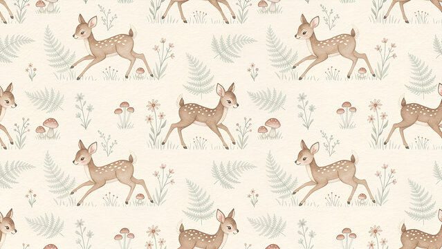 Charming fawn deer seamless pattern, whimsical forest animal illustration, cute baby deer background, soft pastel woodland design for children's textiles and decor.