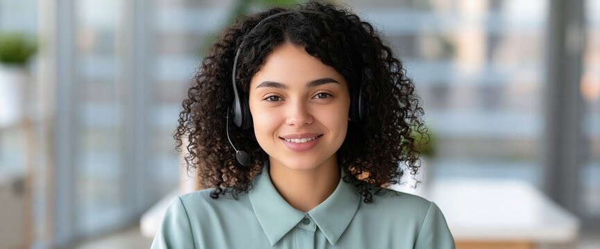 Female customer service agent with curly hair smiles warmly while wearing a communication headset in a brightly lit office setting.