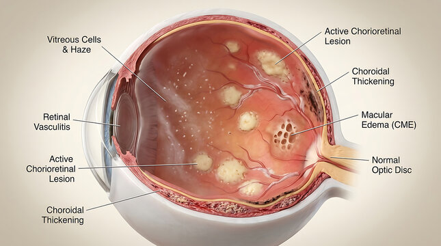 Posterior Uveitis with Chorioretinitis and Active Choroidal Inflammation Causing Floaters of Human Ocular Anatomy Vitreous Haze Macular Edema Retinal Vasculitis