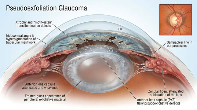 Pseudoexfoliation Glaucoma with Dandruff-Like Deposits on Lens Causing Secondary Open-Angle Glaucoma of Human Ocular Anatomy Sampaolesi Line Pigmentation