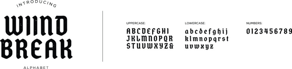 Fototapeta premium Wiind, Break, alphabet, font, typography, bold, decorative, serif, stylized, lettering, text, numbers, design, vector, illustration, artwork,