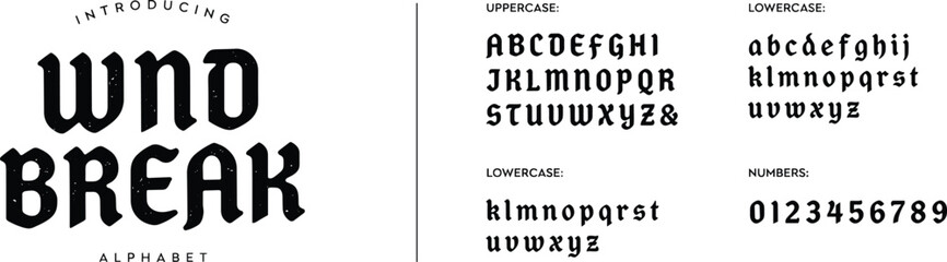 Obraz premium WND, Break, alphabet, font, typography, bold, gothic, vintage, lettering, text, numbers, design, vector, illustration, artwork,