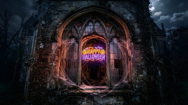 Happy halloween neon sign glowing on the entrance of a dark spooky gothic stone castle at night