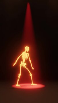 Glowing Skeleton Performing Wave Hip Hop Dance Under Spotlight