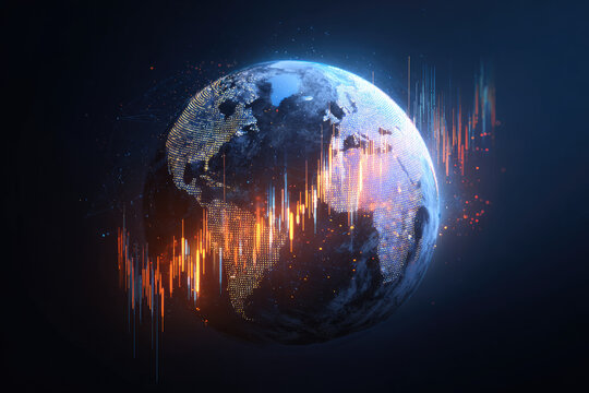 Hi-tech hologram of planet Earth with glowing chart of investment financial data. Graph stock market with rising candlesticks. Infographic elements and realistic transparent world map 