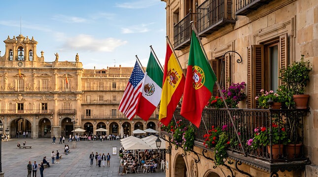 International flags displayed on a historic building balcony in a European city square
