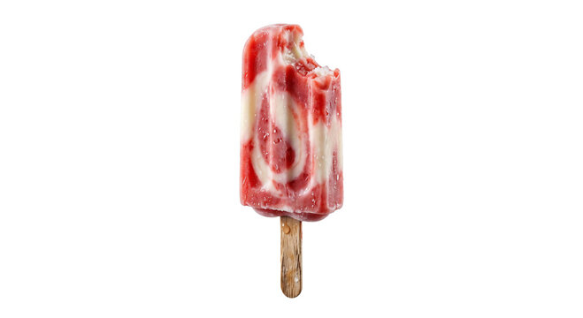 Strawberry swirl ice pop with a bite taken out on a wooden stick