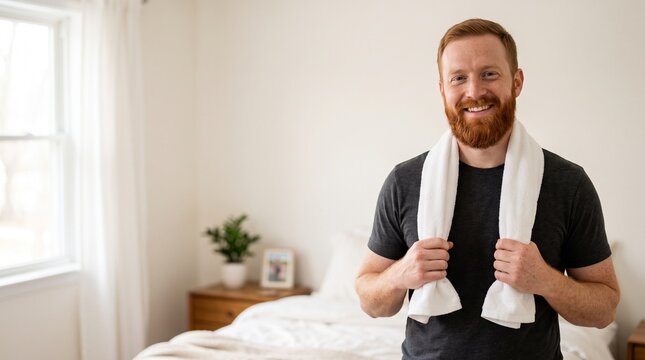 Smiling handsome man with thick red beard holding white towel around neck in bright bedroom blank negative space for text male grooming morning routine presentation mockup