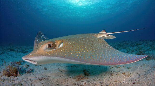 Graceful Oceanic Stingray Gliding Through Sunlit Blue Waters Near Sandy Seabed