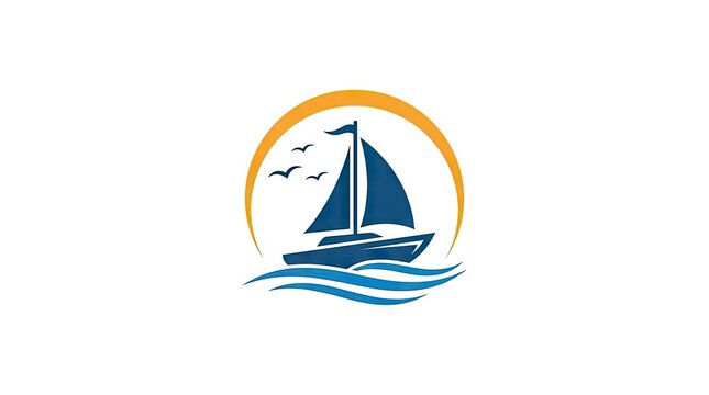 Blue sailboat logo on orange sun circle.