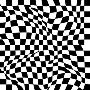 Wavy Checkerboard Pattern vector illustration featuring a classic checkered grid distorted into smooth flowing waves. Perfect for retro backgrounds, wallpapers, packaging, textiles, posters, branding,