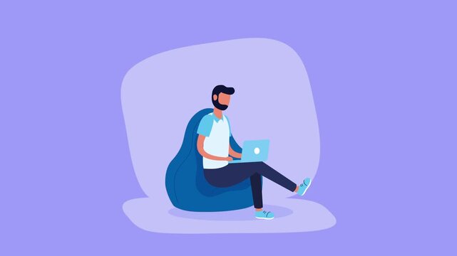 Man working on laptop while sitting on comfortable beanbag chair in animated motion graphic footage.