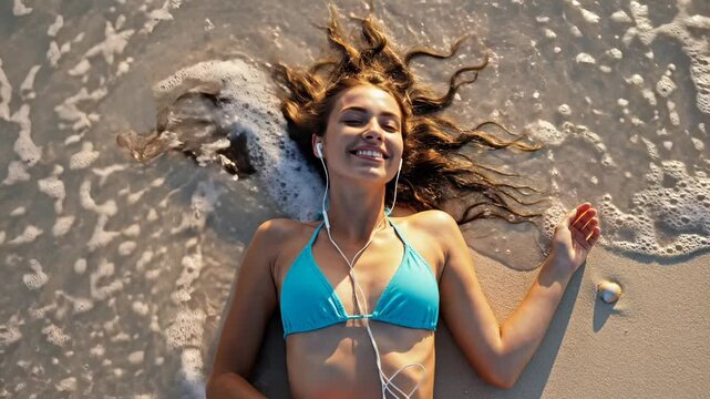 Woman lies on beach sand listening to music with earphones near waves. Female relaxes on beach with music and ocean. Woman with earphones on sand. Beach relaxation with music listening.