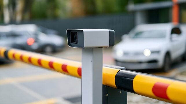 A modern license plate recognition mounted on a barrier arm at a parking entrance with cars in the background