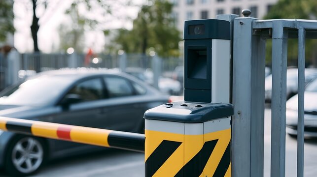 A modern automated parking barrier with a license plate reader  positioned at a gated entrance with cars in the background