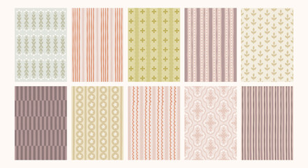 Collection of hand-drawn cottagecore backgrounds with vintage folk floral, botanical, striped, dotted and geometric patterns in muted earthy pastel colors © ArtFM