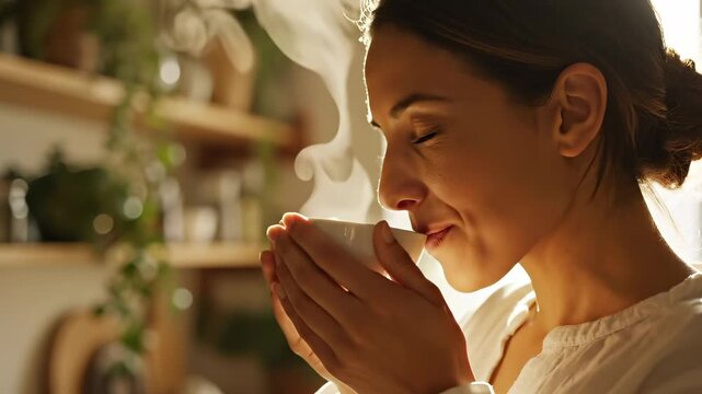 Woman drinks coffee enjoying warm morning beverage at home. Peaceful woman sips coffee with steam rising. Morning ritual with coffee in sunlit interior. Woman enjoys relaxing coffee break at home.