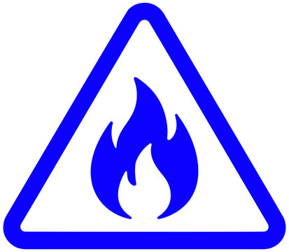 Blue flammable hazard warning sign with fire flame icon isolated on transparent PNG background